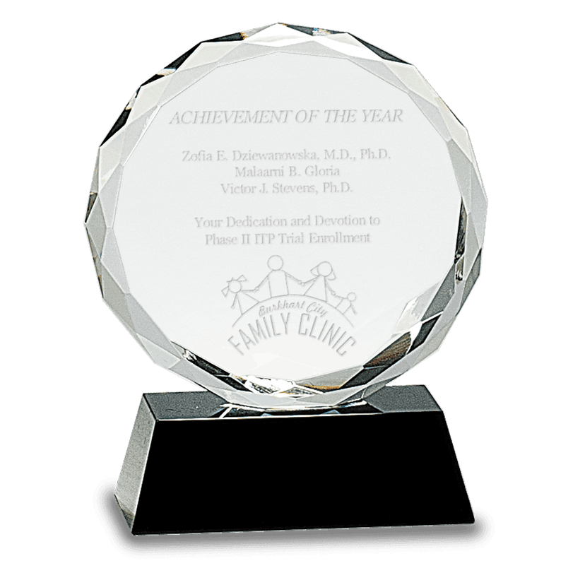 Product image of 5" Round Facet Crystal on Black Pedestal Base w/ Box and FREE Engraving